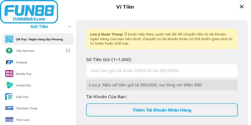 Phương thức nạp tiền FUN88 với ngân hàng 
